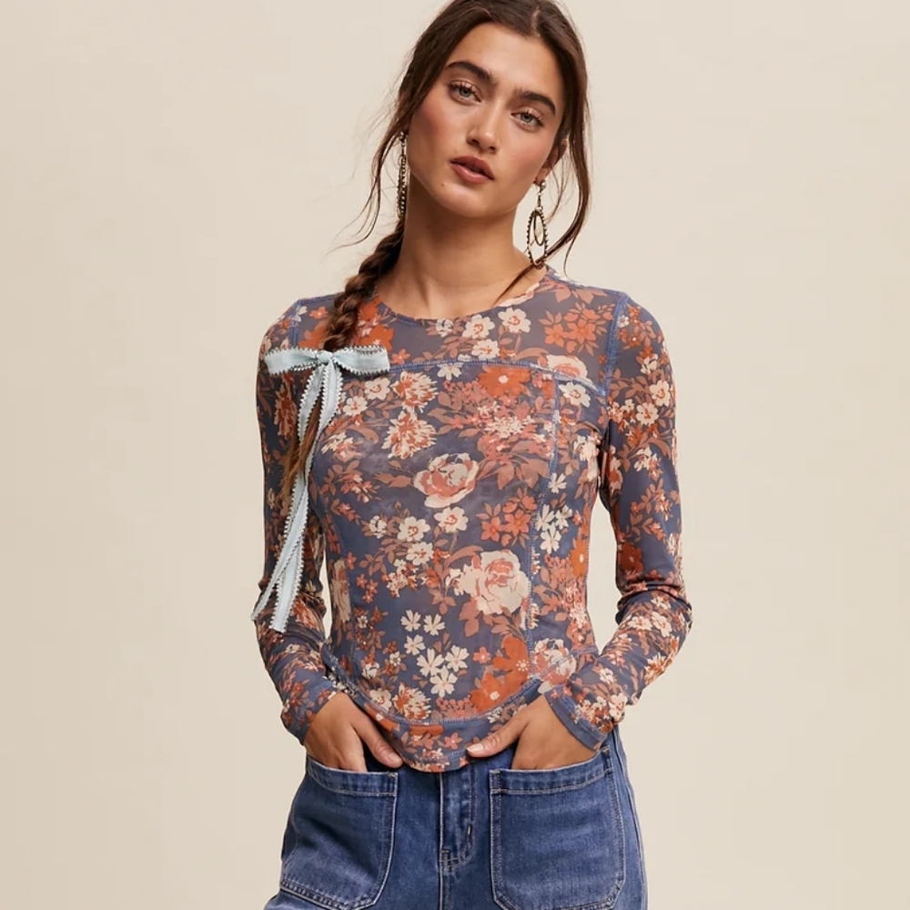 Ladies Listicle Floral Mesh Long Sleeve Top